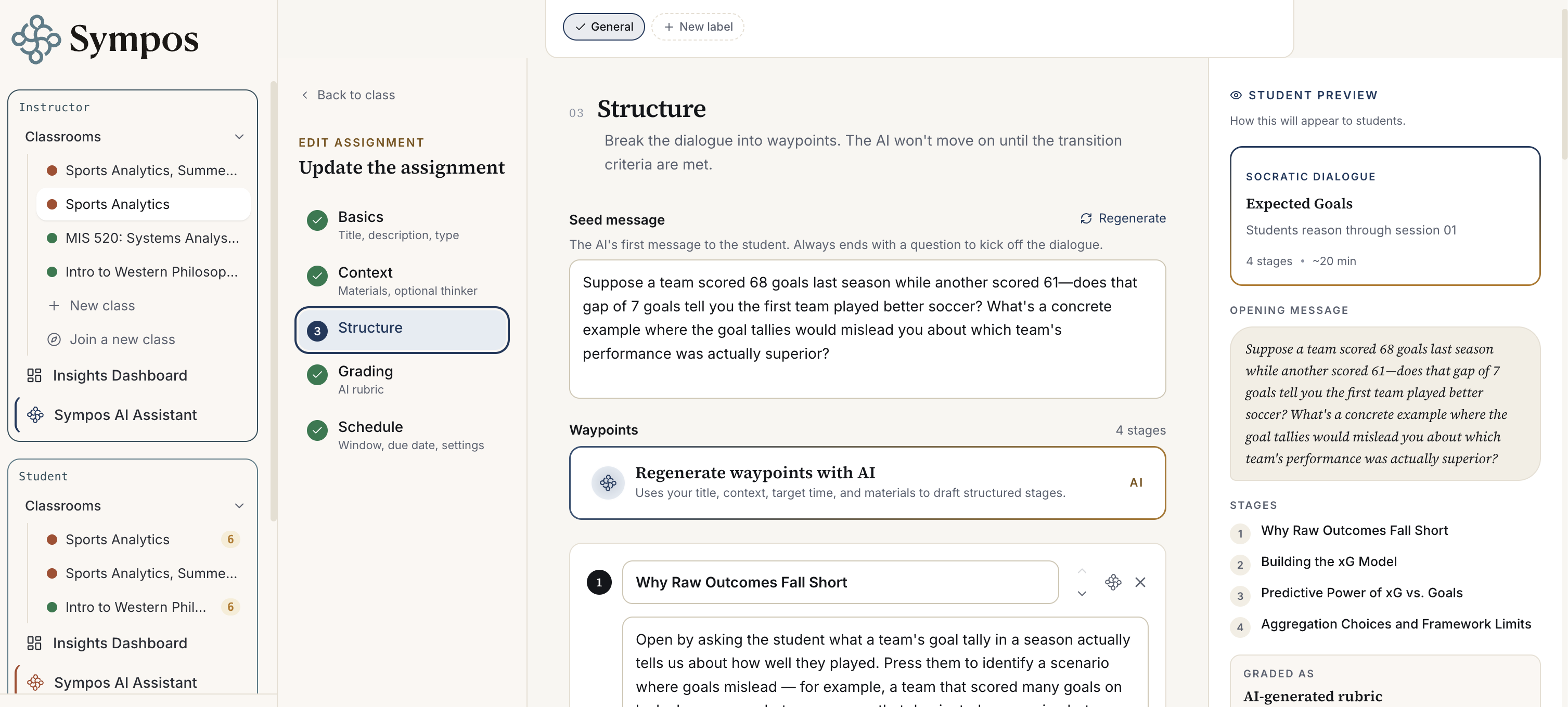 The Sympos assignment editor showing the Structure step with a seed message, waypoints, and the student preview panel