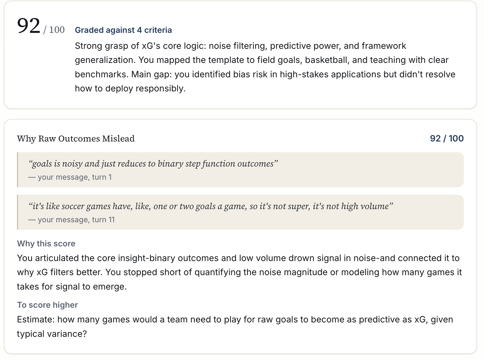 A graded student result quoting the exact transcript lines behind each score