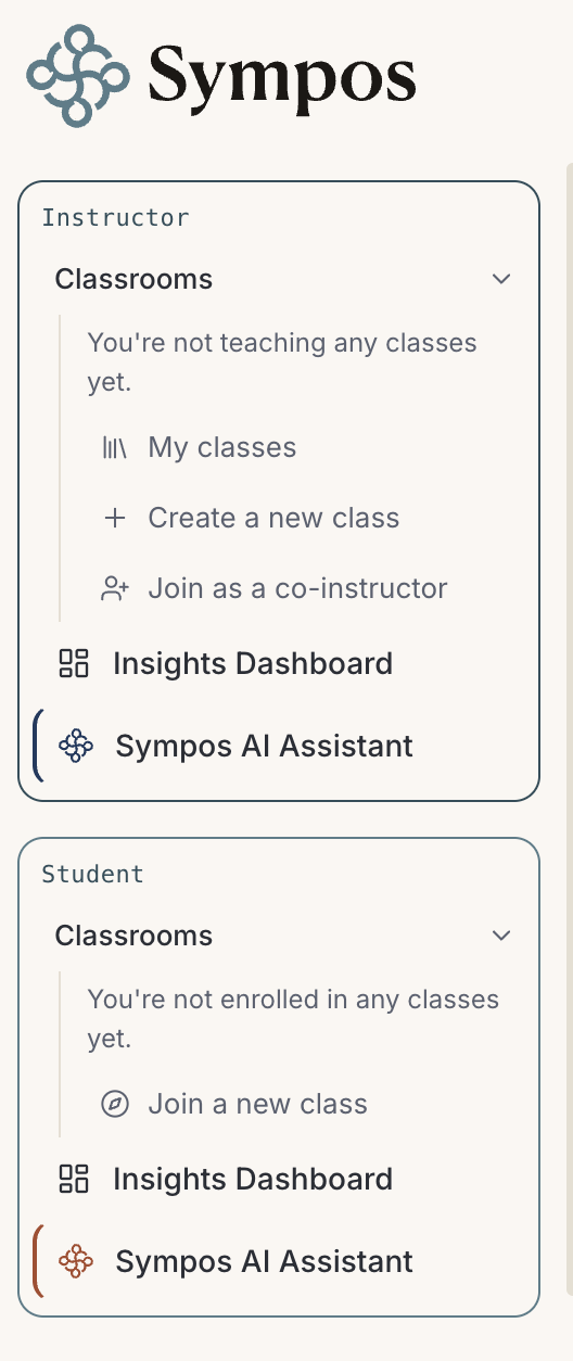 The Sympos sidebar after activation, showing the instructor sections above the student sections