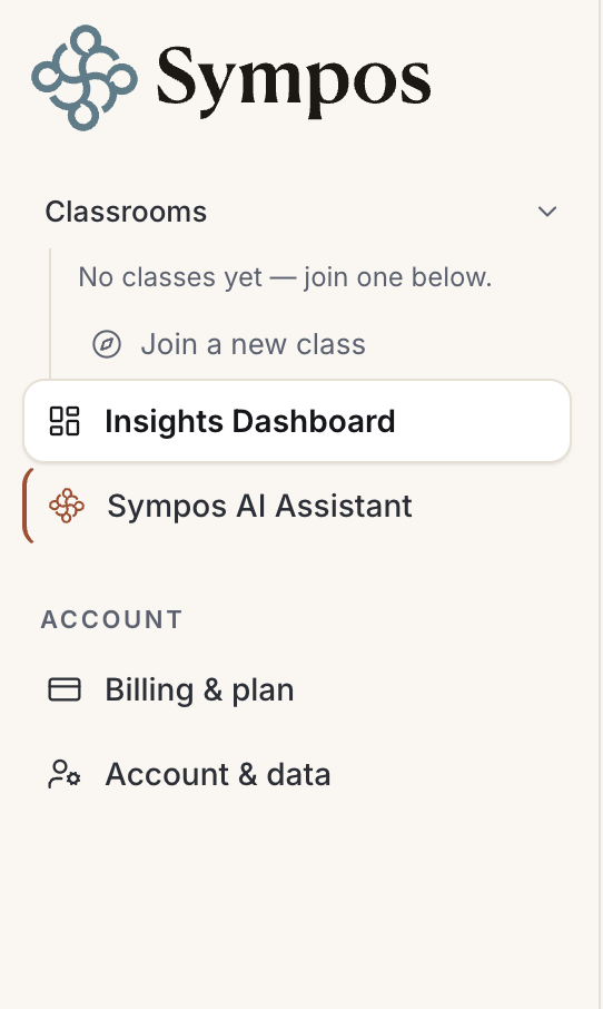 The student sidebar in Sympos showing the Join a new class option